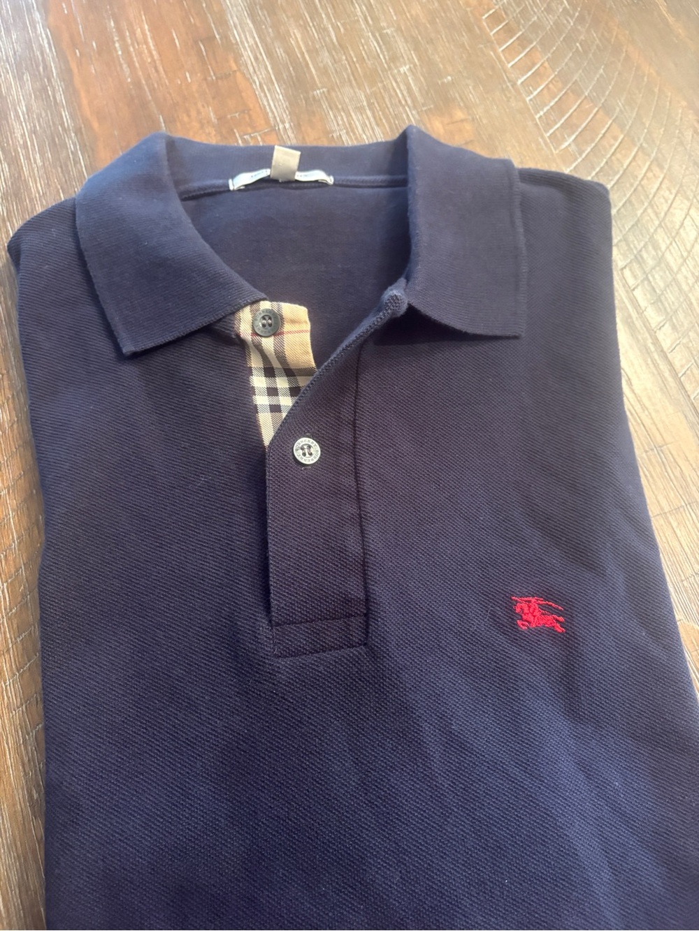 Burberry Navy Polo with Signature Check Placket and Red Logo